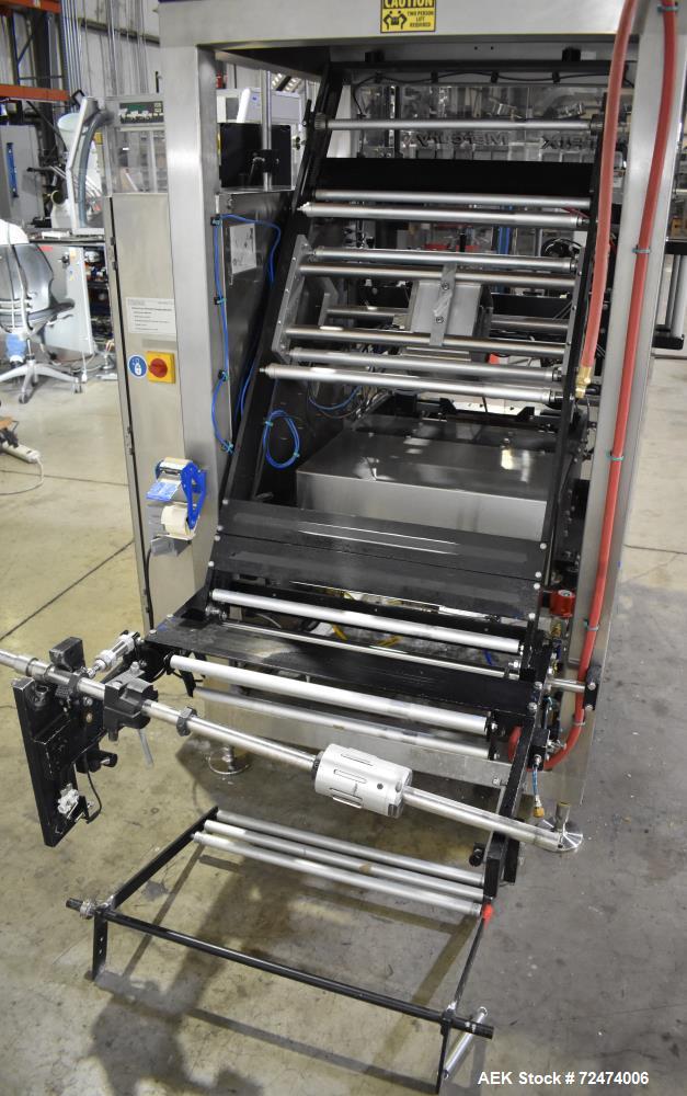 Used Matrix Packaging Mercury HS High Speed Vertical, Form, Fill and Seal Machine. Capable of speeds up to 140 BPM. Bag size range: 1.75" - 11" (Width) x 2.5" - 15" (Length). Has side belt pull downs...